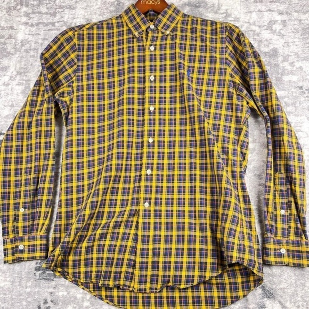 Vtg Polo Ralph Lauren Custom Fit Tartan Plaid Button M Yellow Blue